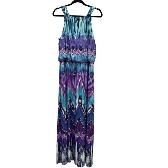 Chico’s | Purple Teal Ikat Print Maxi Dress Size 2 (Large) Stretch Knit Abstract - Picture 2 of 15